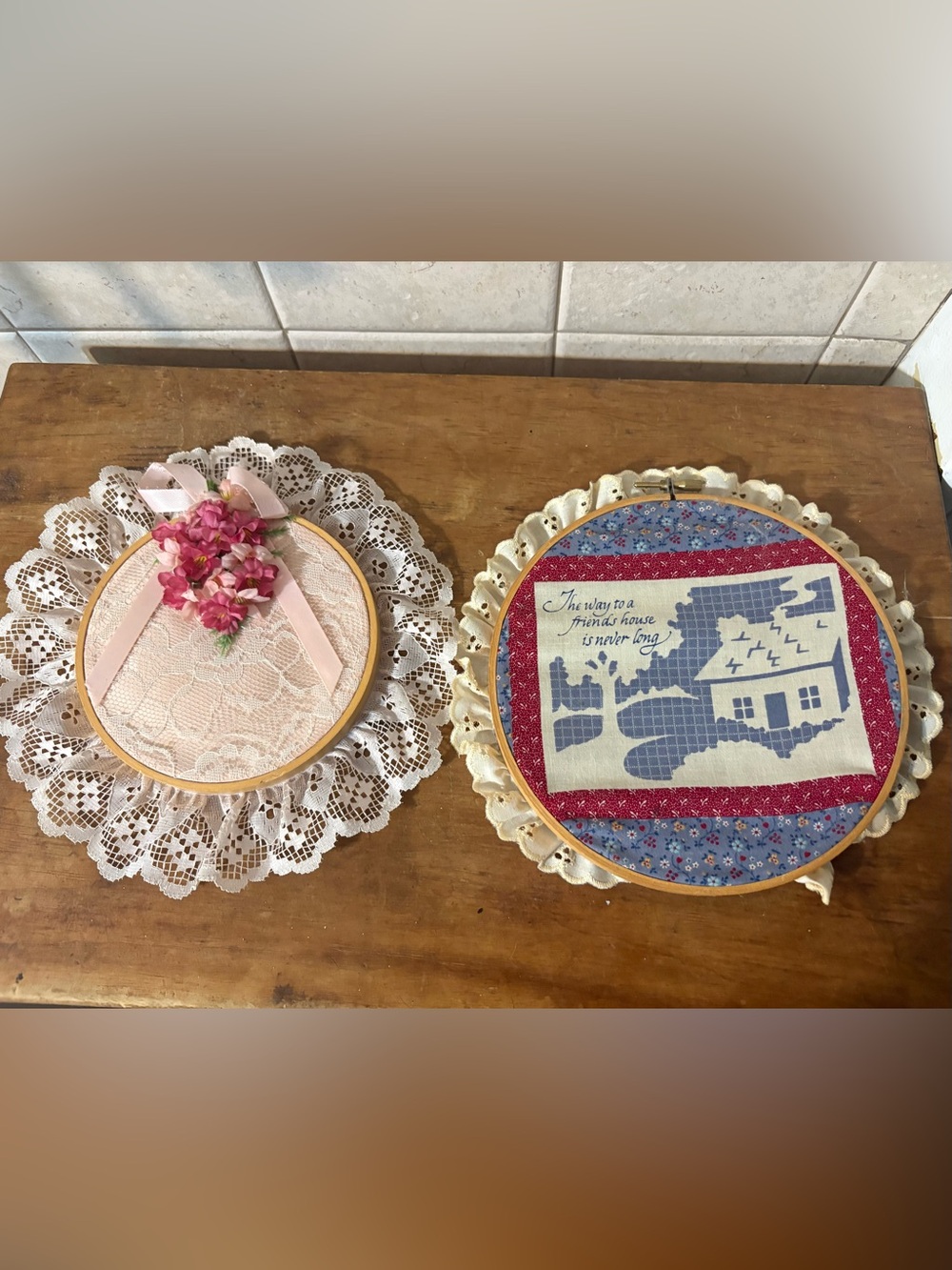 Vintage Pink Lace Hoop Wall Decor & Blue Quilted Hoop granny core